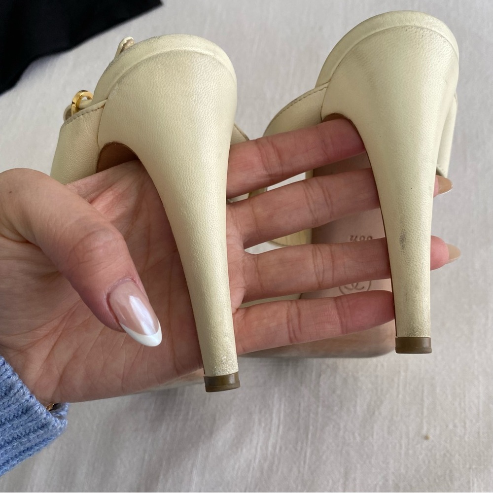 CHANEL Cream Peep-Toe Heels with Gold Chain - Picture 8 of 16